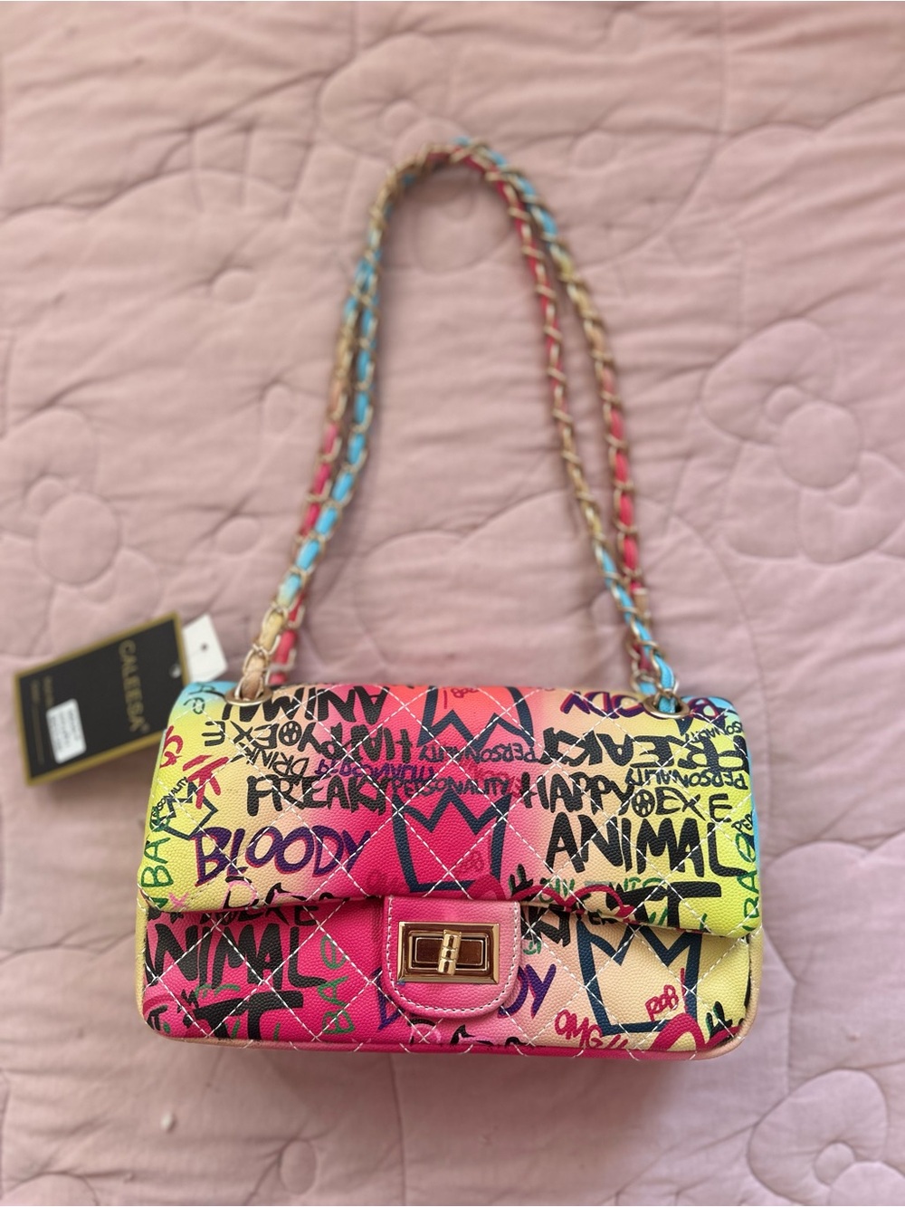 New Caleesa vegan leather quilted neon graffiti shoulder bag